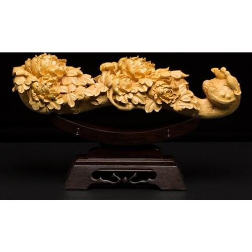 15.3in Chinese boxwood carving Handwork Peony Birds and Flowers Ruyi sculpture Collection Home Decor Ornaments Business Gifts