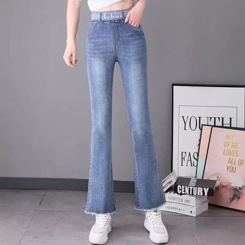 High quality High waist Blue Jeans For Women Ladies Spring Autumn New Fashion Elastic waist Casual Korean Denim Flare Pants