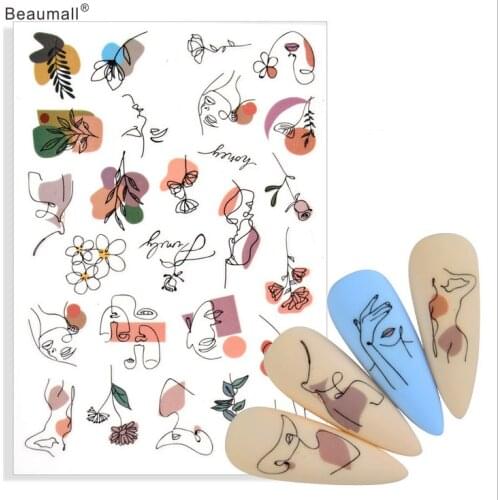 Elegant Sketchs Girls Flowers Fruits Nails Art Back Glue Decals Decorations Nail Stickers For Nails Tips Beauty