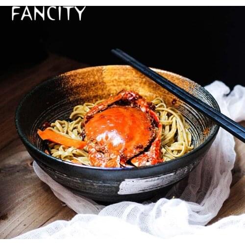 FANCITYCampanulaceae Japanese style 7.5-inch ramen bowl with mixed sauce, ceramic soup bowl, retro tableware, hat bowl, trumpet