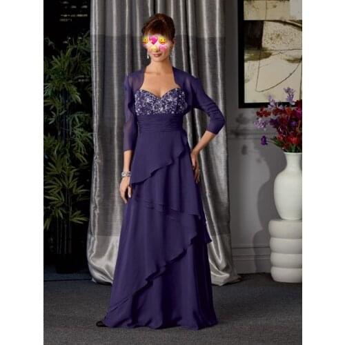 Purple Mother of Bride Dresses with Jacket Evening Dresses For Weddings vestido de festa para mae da noiva Chiffon Layers