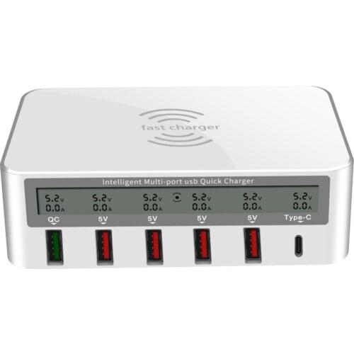 Intelligent 6 Ports Fast USB Charger Station Led Display QI 10W Wireless Quick Charging Desktop Power Adapter with Type C Port