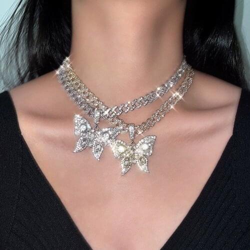 Iced out Punk Big Butterfly Pendant Necklace For Women Bling Full Rhinestone Paved Chunky Cuban Link Necklace Charm Jewelry New