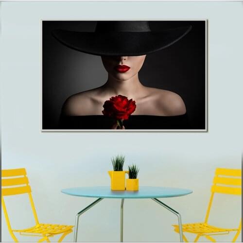 Minimalist Black and White Fashion Hat Woman Canvas Paintings Beauty Girls Wall Art Living Room Bedroom Decoration Unstretched