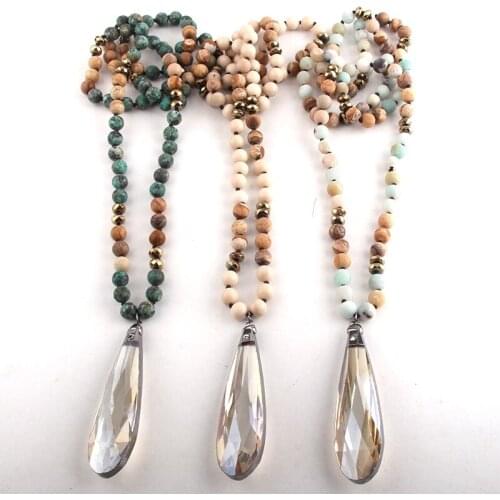 Fashion Bohemian Tribal Jewelry Natural Stone Long Knotted Glass Drop Pendant Necklaces For Women