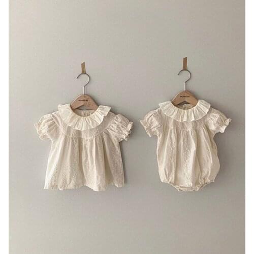 2021 New Baby Girls Summer O-Neck Cute Shirt and Bodysuit Lace Collar Cotton Sleeve