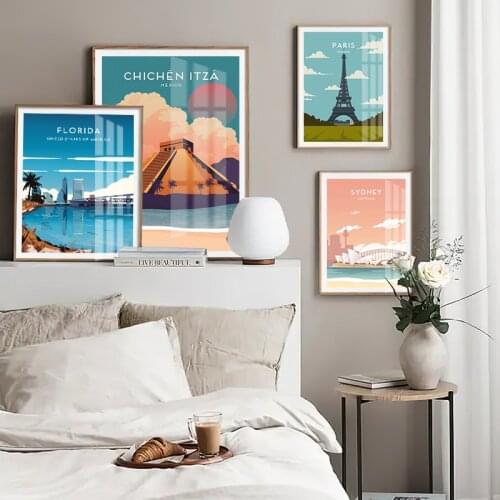 World Travel Poster Country City Sky Landscape Canvas Painting Mount Fuji Hawaii London Wall Art Modern Print Picture Home Decor