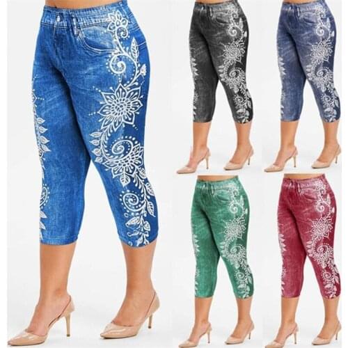 Women Short Leggings Faux Denim Ladies Short Pants Floral Printed High Waist Female Shorts High Waist Stretch Breeches