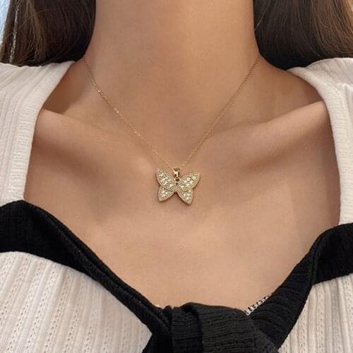 Luxury Crystal Butterfly Pendant Necklace for Women Gold Titanium Steel Thin Chain Necklace Choker Collares Vintage Jewelry C320