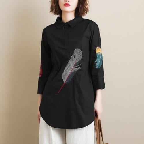 100% Cotton Embroidery Women Shirts Vintage Leaves Solid Half Sleeved Straight Loose Long Office Lady Outwear Tops