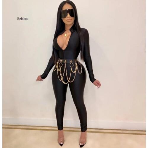 Sexy Black Zipper V Neck Jumpsuit Women Long Sleeve Legging Bodycon Rompers Women Jumpsuit Black Night Club Body Slim Overalls