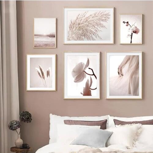 Scandinavian Landscape Canvas Poster Pink Flower Grass Beach Nordic Art Print Painting Wall Pictures for Living Room Home Decor