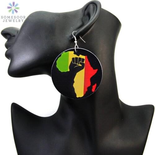 SOMESOOR 6cm Large Printing African Map Wooden Earrings For Women Black Power Fist Afrocentric Ethnic Colors Photos Jewelry Gift