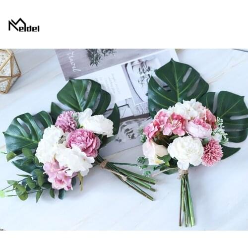 Meldel Bridal Wedding Bouquet Artificial Silk Rose Flower Pink Hydrangea Pompom Tropical Eucalyptus Palm Leaves Wedding Supplies