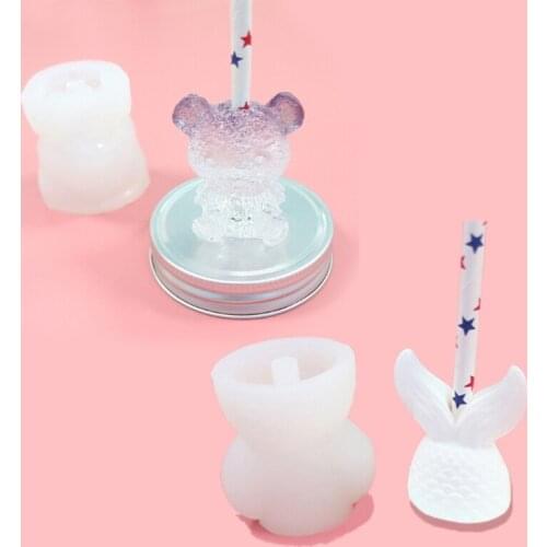 Handmade Cute Bear Straw Topper Silicone Mold Fish Tails Silicone Straw Topper Mold for 8mm Straws Resin Casting Molds