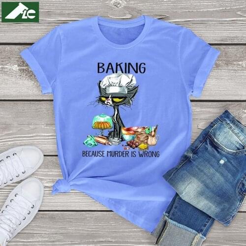 Funny Black Cat t shirts women Baking Because Murder Is Wrong Cat womens Shirts vintage graphic tee unisex clothes girls tops