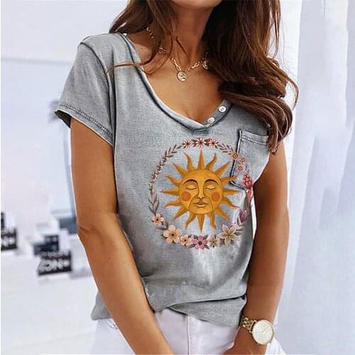 Womens T Shirt Tops Fashion Sun Smile Printed Tees V-neck Short Sleeve Pocket T Shirt Buttons Tee Shirt Oversize Femme Футболк
