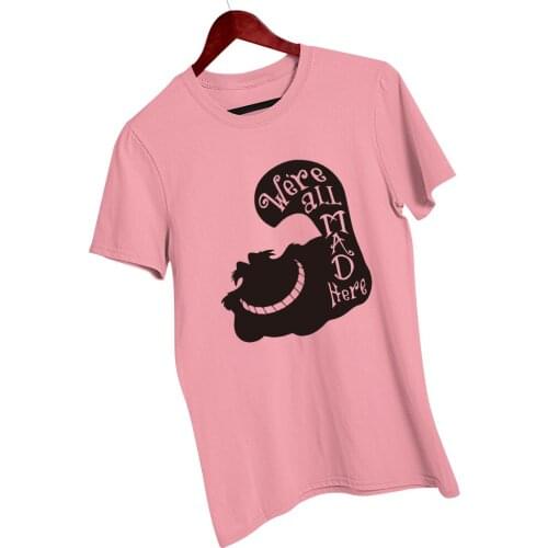 Alice in Wonderland Girl Women T Shirt Harajuku Casual Disney Tshirt Punk HipHop Cheshire Cat We're All Mad Here Letters Tops