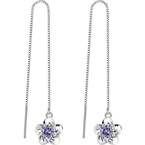 100% 925 sterling silver shiny crystal jewelry female long stud earrings women ladies`birthday gift drop shipping