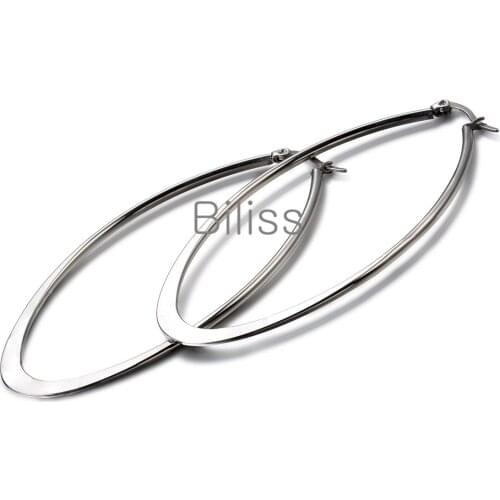 40*66 mm Europe Style Celebrity Exaggerated Womens Silver Color Stainless Steel Flat Big Hoop Circle Earrings