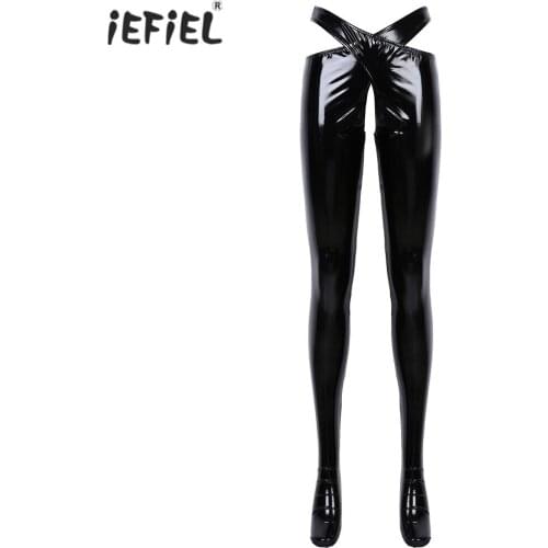 Womens Lingerie Open Crotch Trousers Leggings with Waistband Pants Patent Leather Crotchless Erotic Nightwear for Sexy Roleplay