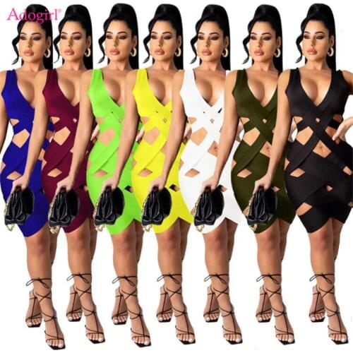 Adogirl Women Solid Cross Hollow Out Bandage Tank Dress Sexy Deep V Neck Sleeveless Backless Bodycon Midi Night Club Wear