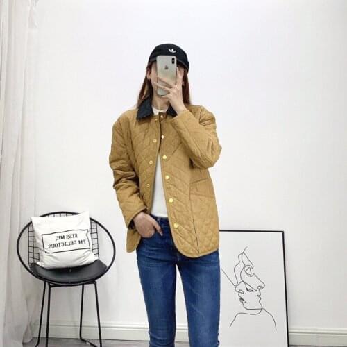 Womens Coat Autumn Winter Lingge Long Sleeve Cotton Clothes Street Plaid Cotton Jacket Short Casual Outer Wear