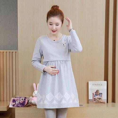 1825# Spring Grey Cotton Ties Waist Maternity Nursing Shirt Long Sleeve Loose T-shirt for Pregnant Women Autumn Pregnancy Tops