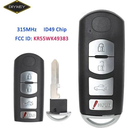 DIYKEY 4 Button 315MHz FCC ID: KR55WK49383 for Mazda 6 2009 2010 2011 2012 2013 ID49 Chip Smart Proximity Remote Key VDO System