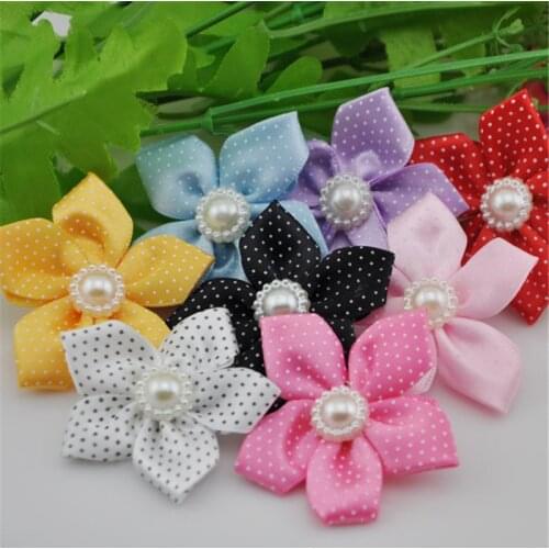 8 pcs Lots Colors satin ribbon flowers w/bead craft appliques sewing wedding Upick B005