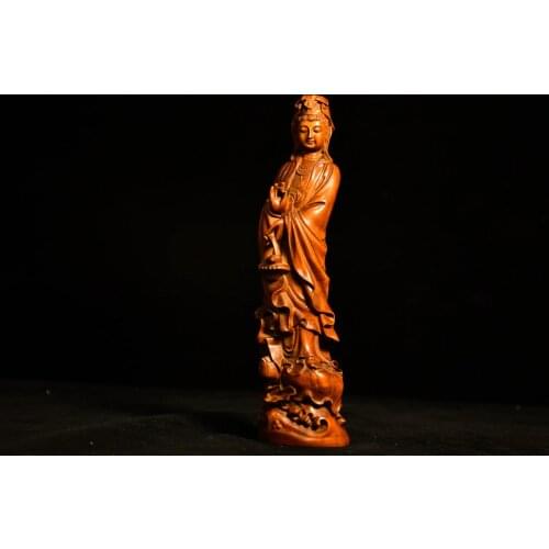9"China Lucky Old Boxwood Hand-carved Carry bamboo basket Guanyin Bodhisattva Statue Standing Buddha Office Ornaments Town House