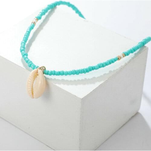 Bohemian Green Beaded Choker Necklace Seashell Necklace Clavicle Pendant Natural Sea Shell Cowrie Beads Women Beach Jewelry
