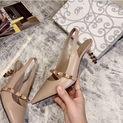 New Summer Shoes Women Classics Woman Sandals Genuine Leather High Heels Pointed Toes Women Sandals Rivet Decora Woman Sandals