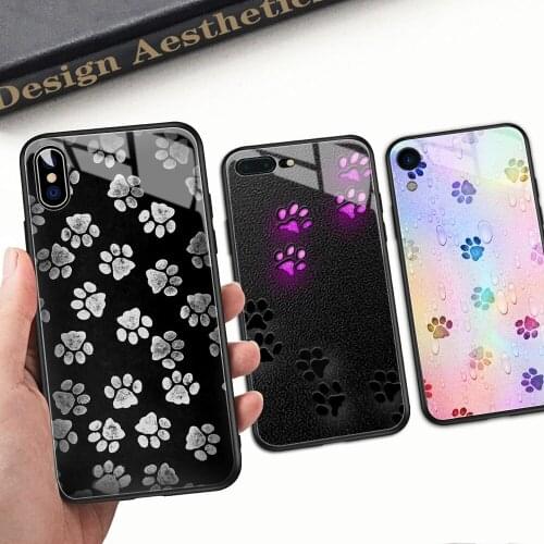 For iPhone XR Case Paw Print Cute Hard Back Glass Cover Case for iPhone 6 6S 7 8 plus X XR XS MAX 11 12 13 pro max