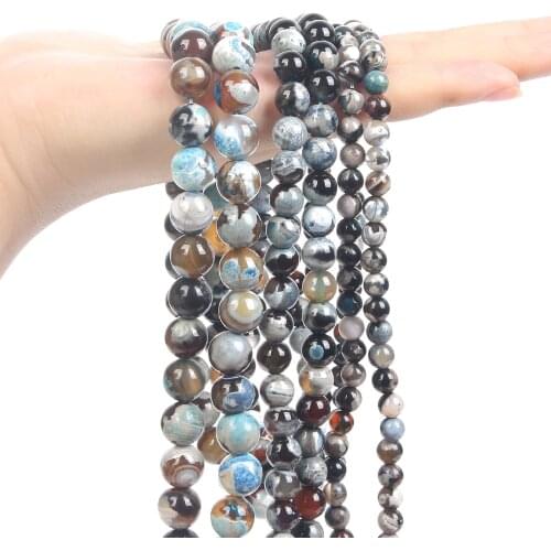 Smooth Natural Stone Beads Brown Blue Fire Dragon Veins Agates Round Loose Spacer Beads for Jewelry Making Bracelet DIY 6/8/10MM