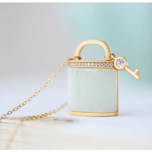 Natural Hetian Jade White Jade S925 Sterling Silver Small Lock Necklace Pendant Gilding Inlaid Grinding Technology Elegant and E