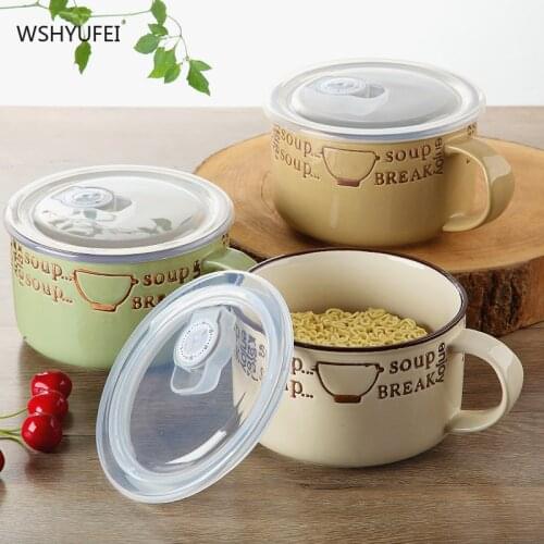 Ceramic Instant Noodle Cup with Lid Household Large Capacity Soup Cup Bento Box Student Bento Box Instant Noodle Insulation Bowl