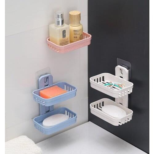 Creative Wall Mounted Double Layers Soap Dish Box Shower Suction Cup Soap Tray Hollow Drain Rack Shelf Bathroom Storage Holder