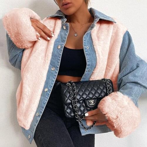 Patchwork Faux Fur Denim Coat Fashion Casual Button Winter Women Jacket 2021 Streetwear Long Sleeve Pocket Turn Down Collar Coat
