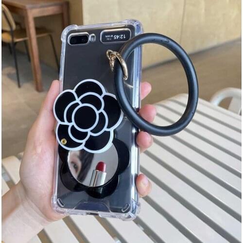 Fashion DIY Portable Big Circle Bracelet Case Cover For Samsung Galaxy Z Flip 5G 3 Camellia Mirror Shockproof Clear Case Cover