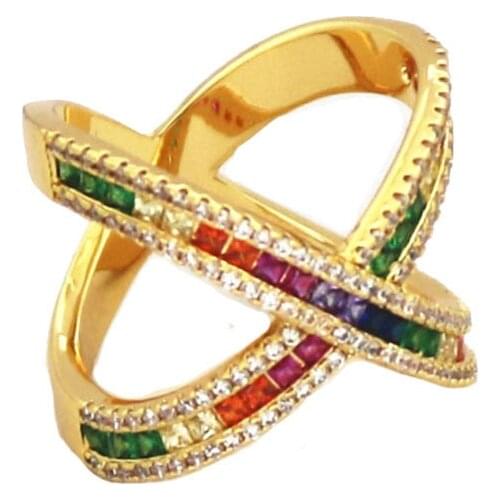 2021 Inexpensive Women Gold Jewelry Hollow Out 4 Color Rainbow Cross Pave Zircon Wedding Ring