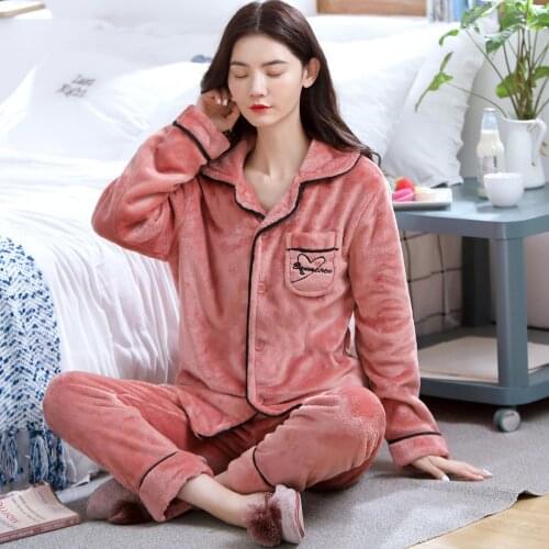 New Women Thicken Warm Soft Pajamas Sets Pink Love Printed Fashion Pajamas Long Sleeve Flannel Pyjamas Sets Pijama Sleepwear