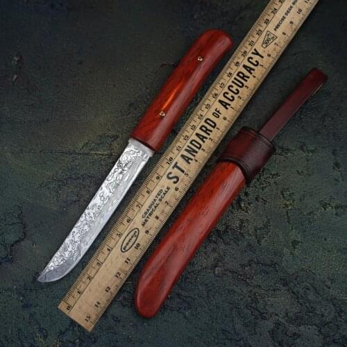 Full Tang VG10 Damascus Steel / 12C27N Steel Bushcraft Survival Paring Knife Rosewood Handle Outdoor Camping Fixed Knives