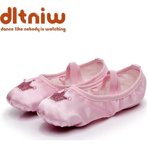 Girls Kids Red Pink Pointe With Crown Embroidery Children Beginner Practicing Dancing Shoes Soft Sole Satin Ballet