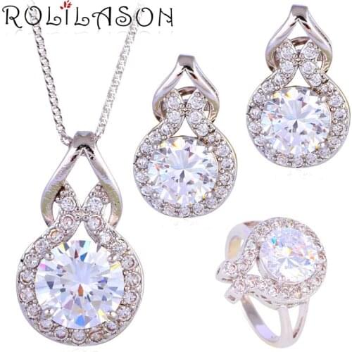 Silver plated stamped Clip Earrings Necklace Pendant rings Weddings Clear AAA CZ Fashion Jewelry Set for women JS625