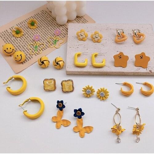 Origin Summer Yellow Country Style Butterfly Pearl Flower Dangle Earring for Women Geometric Love Heart Cherry Earring Jewelry