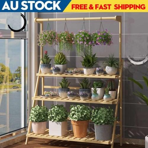 Adjustable 3 Tier Bamboo Flower Planter Rack Shelf With Hanging Basket 50/70/100cm Flower Pot Display Storage Organizer Rack