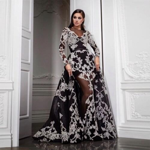 Vintage Embroidery Saudi Arabic Evening Dress Black Long Sleeve Satin Beaded Muslim Moroccan Kaftan Prom Gown Plus Size Custom