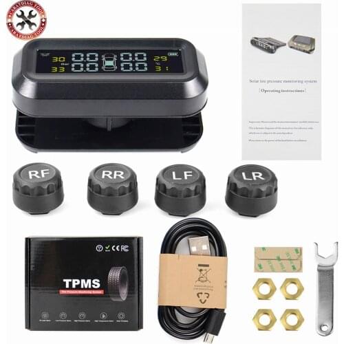 Original Solar Power USB TPMS Car Tire Pressure Monitoring System LCD 4 External / Internal Sensors for SUV Temperature Warning
