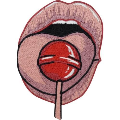 Lick the Lollipop Tongue Embroidery Patches for Clothing Iron on Sex Woman Licking a Candy Mouth Lips Appliques Sewing DIY